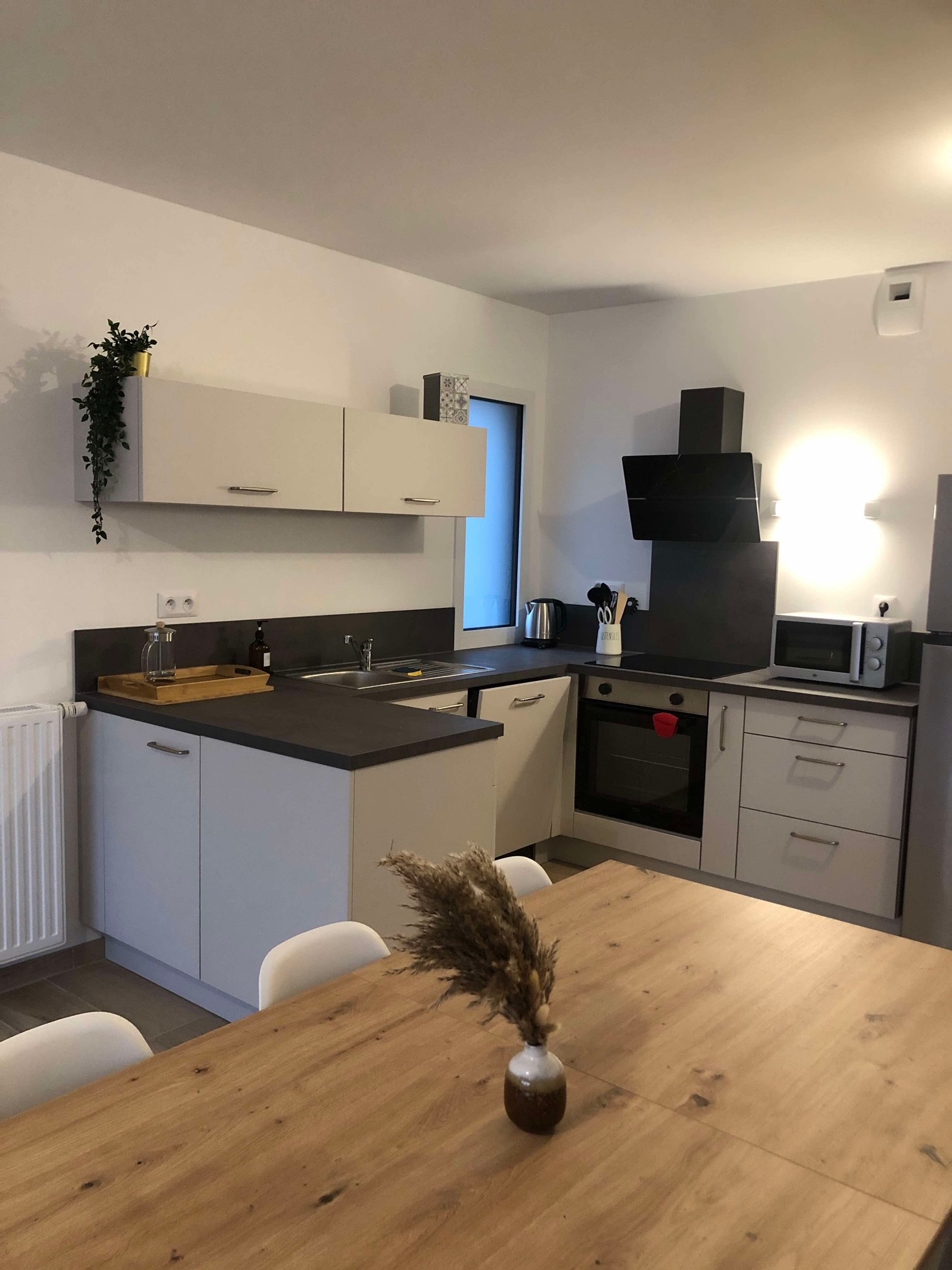 Cuisine toute équipée avec îlot central, ouverte sur le séjour pour un espace convivial et fonctionnel.